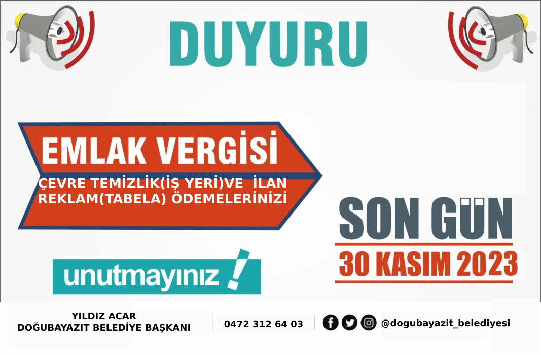 ÇEVRE TEMİZLİK(İŞ YERİ) İLAN REKLAM VE EMLAK VERGİSİ ÖDEMELERİNİ 